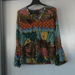 KAREN ARNOLD Women's M BOHO Sequins V-Neck ruched waist long sleeves top